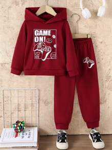 2pcs/Set Boys Casual Plain Color Minimalist Gaming Graphics Print Long Sleeve Hoodie Pullover + Gamers Graphic Print Jogger Pants, Autumn/Winter - Burgundy - View 1