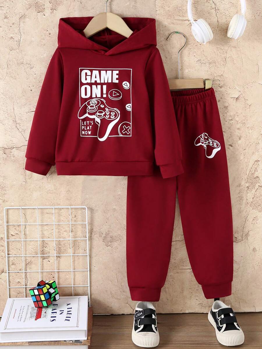 2pcs/Set Boys Casual Plain Color Minimalist Gaming Graphics Print Long Sleeve Hoodie Pullover + Gamers Graphic Print Jogger Pants, Autumn/Winter - Burgundy - View 1