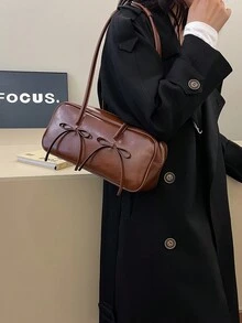 2024秋冬新款时尚女士腋下包单肩包，蝴蝶结装饰，多功能大容量保龄球包 - 棕色 - 查看 4