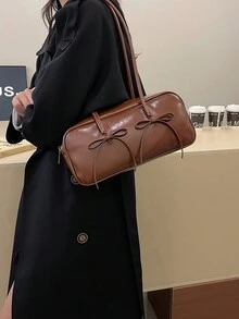 2024秋冬新款时尚女士腋下包单肩包，蝴蝶结装饰，多功能大容量保龄球包 - 棕色 - 查看 2