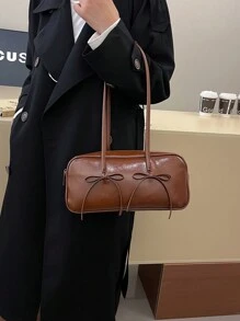 2024秋冬新款时尚女士腋下包单肩包，蝴蝶结装饰，多功能大容量保龄球包 - 棕色 - 查看 1