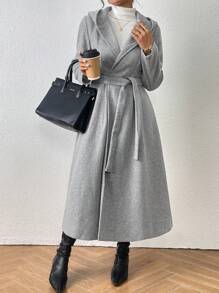 Áo khoác dài có mũ kèm thắt lưng, thường ngày mùa thu/đông - Màu Xám nhạt - Xem 1