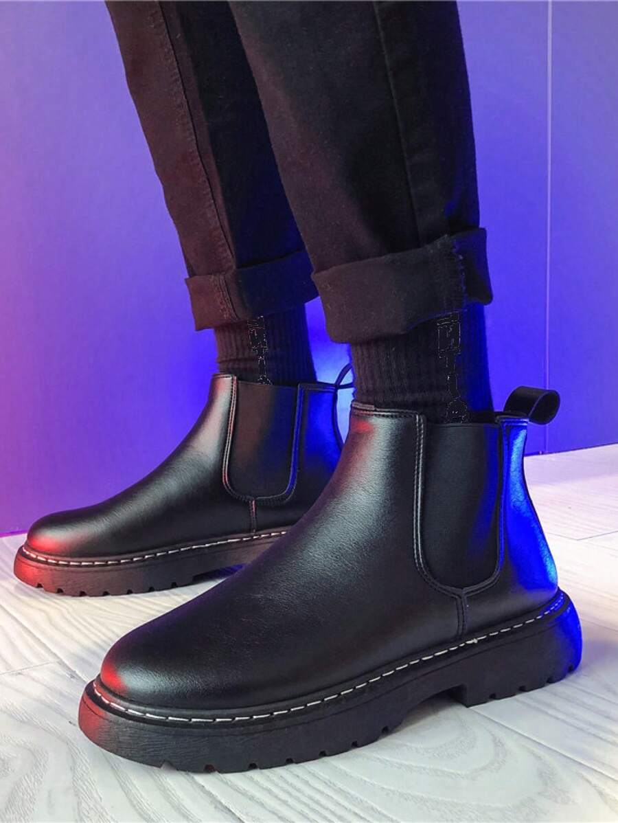 男士新款黑色高帮皮革一脚蹬切尔西靴、短靴、防滑休闲鞋 - 黑色 - 查看 1