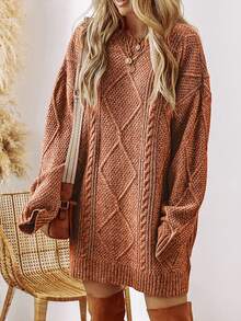 Acelitt 秋冬女款超大宽松纹理针织连衣裙，棕色纯色，建议选择小一码 - 棕色 - 查看 4