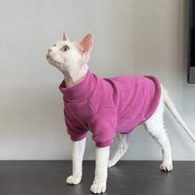 斯芬克斯猫衣服，柔软弹力保暖羊毛连帽衫，适合德文卷毛猫，秋冬季 - 紫色 - 查看 5
