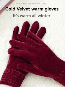 1 Pair Of Women's Burgundy Gold Velvet Gloves, High-End Simple Women's Autumn And Winter Dance Etiquette Cold-Proof And Warm Split-Finger Cycling And Cycling Knitted Gloves, Convenient Outdoor Mountaineering Gloves - Red - View 7