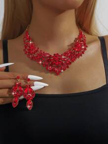 3pcs/Set Fashionable Exaggerated Colored Crystal & Rhinestone Necklace Earrings Bracelet Set, Perfect For Ladies' Wedding & Party Jewelry Gift