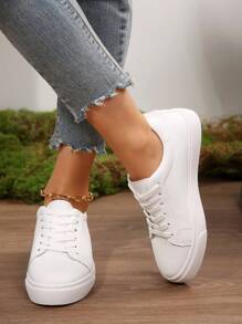 1 Pair Plus Size Women's Summer New Versatile White Shoes, Flat Casual Sneakers, Leather Surface White Shoes