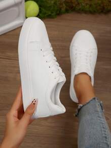 1 Pair Plus Size Women's Summer New Versatile White Shoes, Flat Casual Sneakers, Leather Surface White Shoes