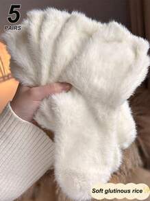 5 Pairs Autumn/Winter Solid Color Fluffy Lined Warm Crew Socks For Women