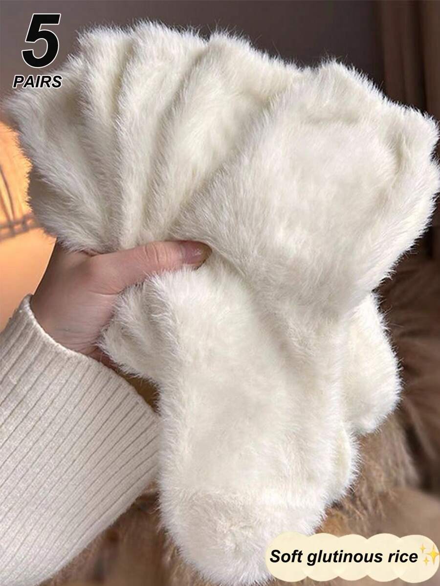 5 Pairs Autumn/Winter Solid Color Fluffy Lined Warm Crew Socks For Women