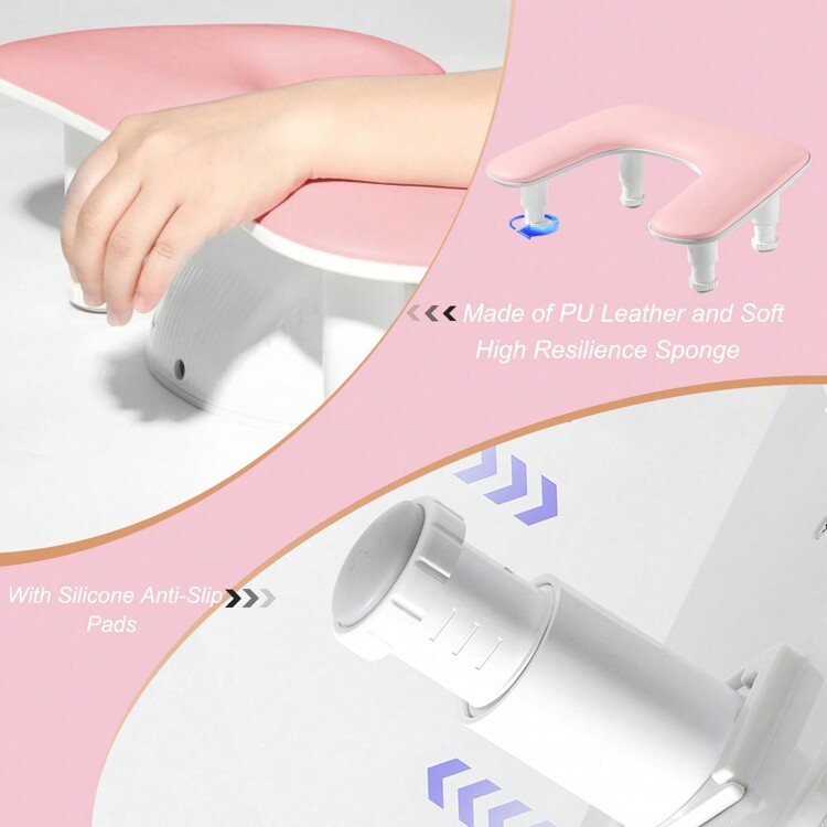Upgrade Nail Arm Rest Height Adjustment U-Shaped Manicure Hand Rest Pillow Cushion Soft PU Leather Detachable Nail Art Hand Stand Holder Reposabrazos Para Manicura For Nails Tech - 粉色 - 查看 3