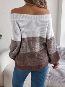 Women's Off Shoulder Breton Sweater Color Pop Knit Top Long Sleeve Round Neck Cabin Core Fall Winter - Coffee Brown - View 2