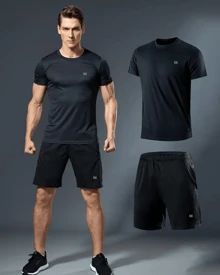 DRY FIT Men's Set Shirt + Shorts For Training/Gym/Soccer/Sports - Black - View 1