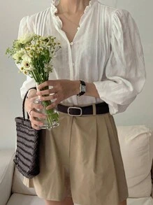 2025 Spring & Summer Solid Color Gentle & Elegant Patchwork Lace Trim Loose Long Sleeve Blouse For Women