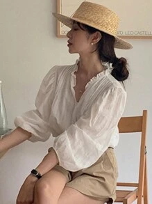 2025 Spring & Summer Solid Color Gentle & Elegant Patchwork Lace Trim Loose Long Sleeve Blouse For Women