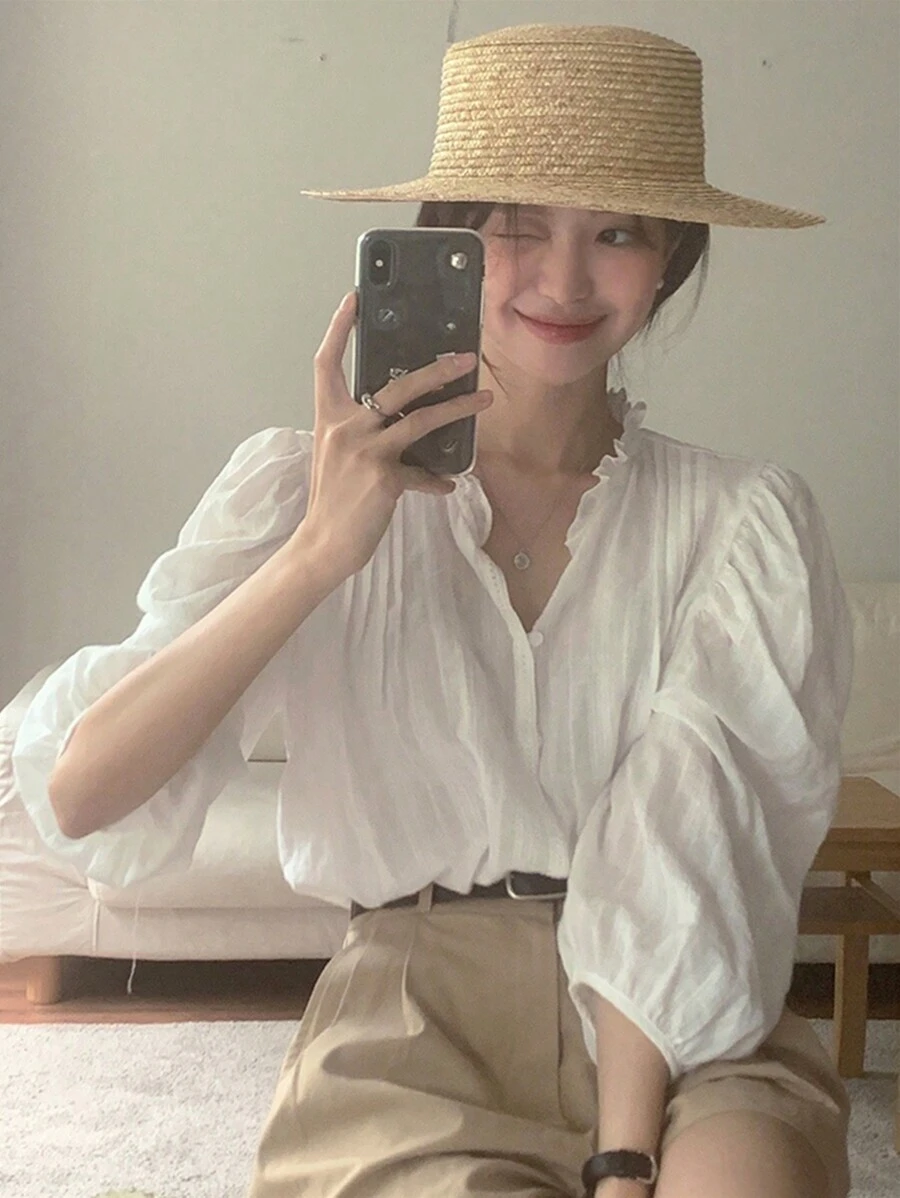 2025 Spring & Summer Solid Color Gentle & Elegant Patchwork Lace Trim Loose Long Sleeve Blouse For Women