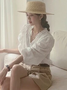 2025 Spring & Summer Solid Color Gentle & Elegant Patchwork Lace Trim Loose Long Sleeve Blouse For Women