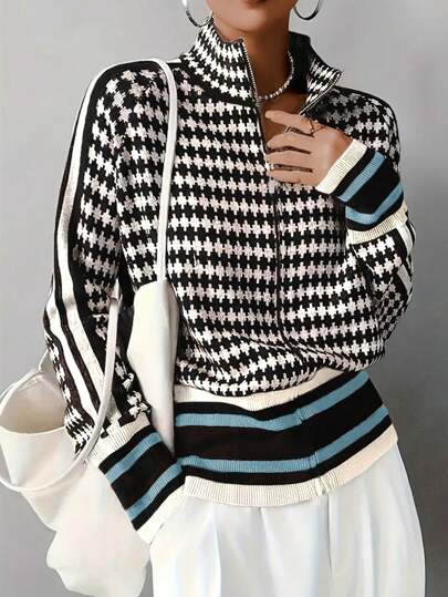 Color Block Zipper Knit Stand Collar Cardigan