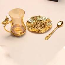 2pcs/Set Gold Colored Cup & Saucer Combination Glass Cup With Waist Design, Practical For Coffee, Tea, Multi-Scene Use - Gold - View 9