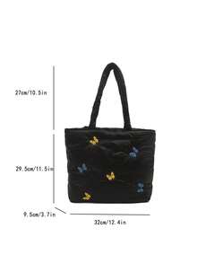 时尚简约大容量休闲多用途女士手提包，带蝴蝶刺绣和加垫肩带，时尚腋下包，适合工作、学校、秋冬 - 黑色 - 查看 4
