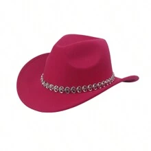 1 件纯色休闲优雅涤纶水钻装饰西部牛仔帽/毡帽/爵士帽/高顶帽，秋冬季新款 - A - 查看 9