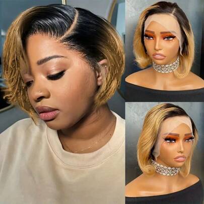 8 英寸 1/27 雷米真人发假发 13x4 蕾丝前短直发假发 精灵短发波波头假发 直波波头真人发假发 女士