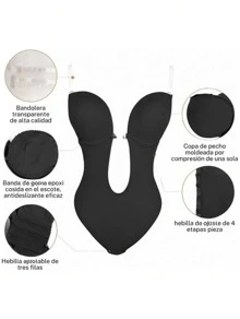 One Piece Backless Body Shaper Bodysuit With Tummy Control And Invisible Straps With Deep V Neck, Suitable For Sports And Outdoor Activities, Nightwear - Black - View 4
