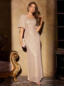 UNITHORSE Square Neck Ruffle Waist Long Sequin Evening Dress, Elegant Formal Gown Suitable For Wedding Guests, Graduation Ceremony, Gala Dinner, Birthday And Other Occasions Spring - Champagne - View 1