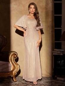 UNITHORSE Square Neck Ruffle Waist Long Sequin Evening Dress, Elegant Formal Gown Suitable For Wedding Guests, Graduation Ceremony, Gala Dinner, Birthday And Other Occasions Spring - Champagne - View 3