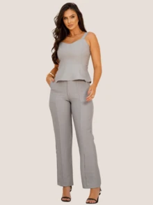 Women's Casual Pants, Tailored, Cut-Out Detail, Pocket, Button Loop, Zipper, Straight Leg - Xám - Xem 5