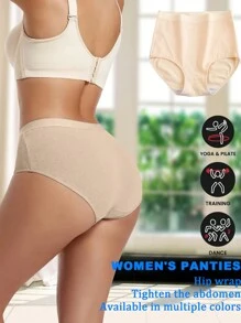 1 件女式高腰纯色无缝三角内裤，腹部塑形紧身短裤，透气有弹性 - 杏色 - 查看 2