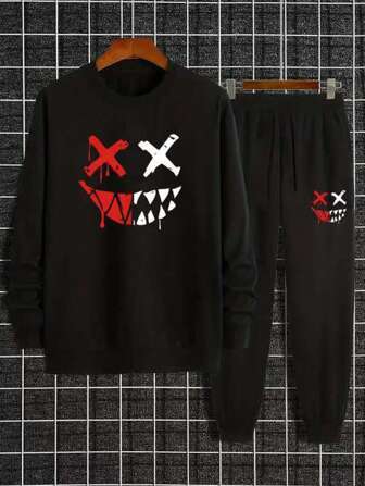 新款秋冬男友风男士时尚哥特式笑脸涂鸦图案运动加厚西装