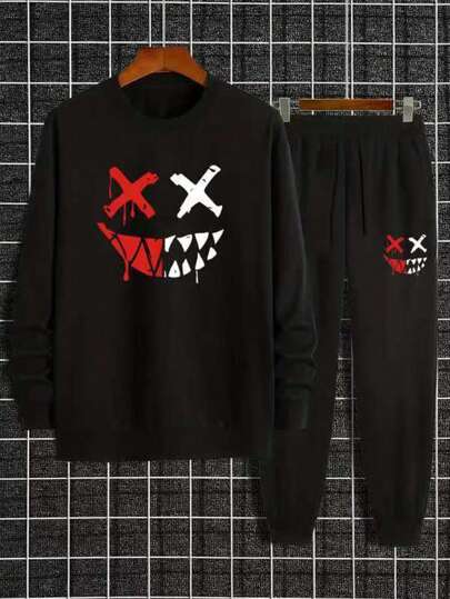 新款秋冬男友风男士时尚哥特式笑脸涂鸦图案运动加厚西装