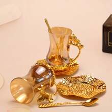 2pcs/Set Gold Colored Cup & Saucer Combination Glass Cup With Waist Design, Practical For Coffee, Tea, Multi-Scene Use - Gold - View 8