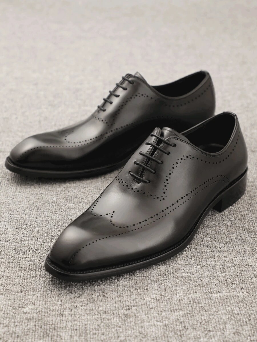 男士布洛克设计手工皮革正装鞋，方头系带牛津鞋，正式商务和婚礼鞋，透气舒适，经典英伦风格 - 黑色 - 查看 1