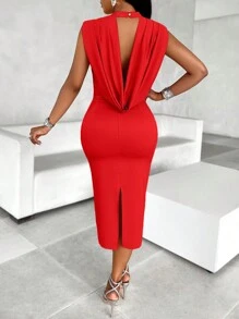 AIJ Amarilo Women's Elegant Satin Solid Color Draped Collar Ruched Fitted Dress - Red - View 2