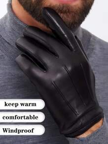 1 双男士新款冬季手套，黑色 PU 皮革，带毛绒隔热层，带手指的驾驶手套，触摸屏防水手套 - pi款 - 查看 6