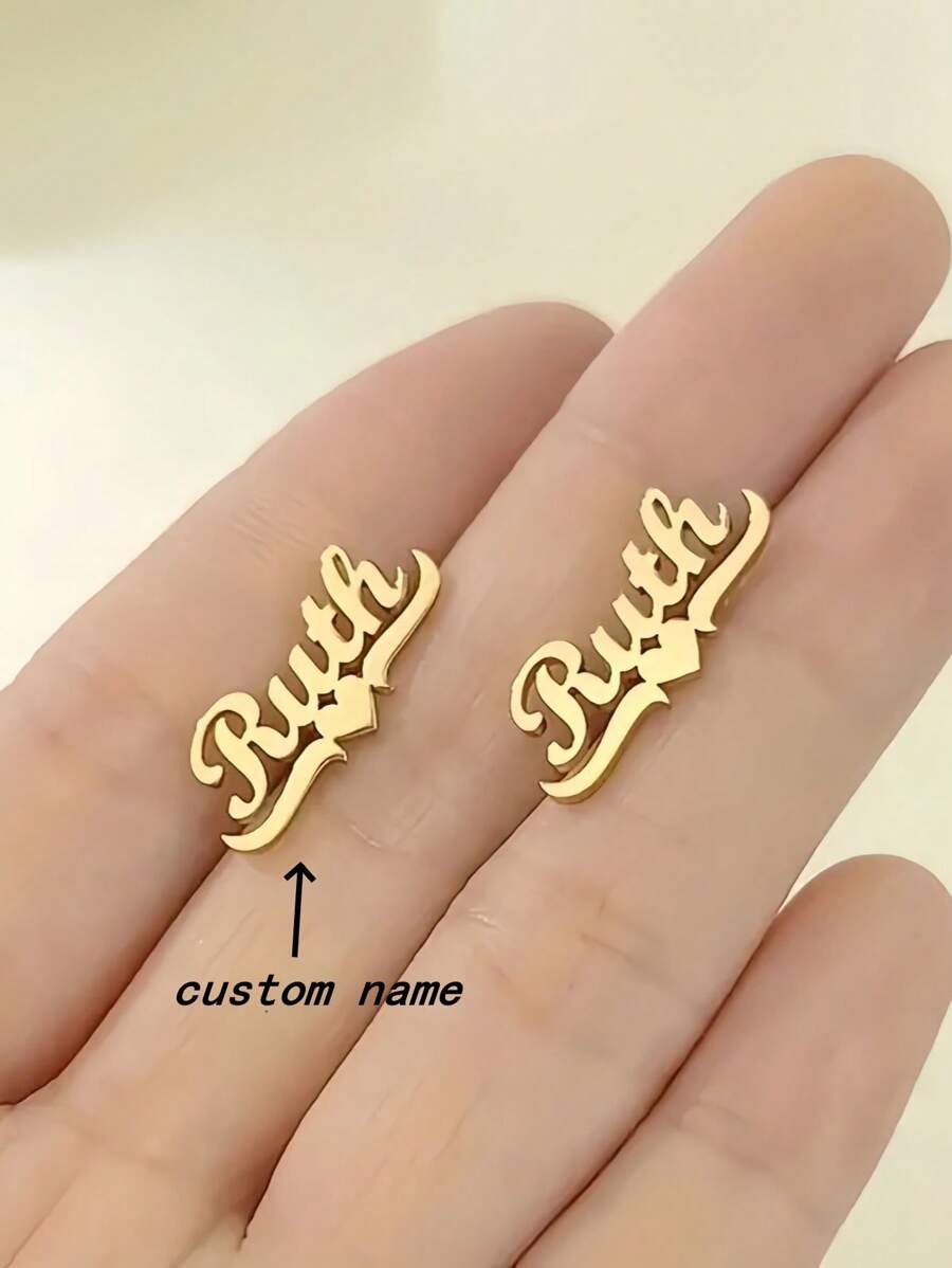 1 件金色优雅可爱的银色款式，定制一对个性化名字耳环，不锈钢可爱爱心蝴蝶结名字耳环，女士时尚耳环，语言仅限于英文字母母亲节礼物感恩节圣诞节 - 彩色 - 查看 1