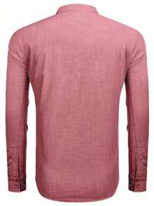 Camisa Henley de manga enrollada con cuello Mao, estilo retro y vintage, con monedas, de unicolor, para hombre - Camisa casual ligera y transpirable, de algodón lavado clásico, versátil para todas las estaciones - Rosa Roja - Ver 2