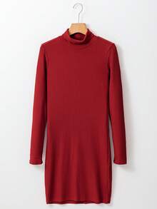 Fashionable Elegant Solid Color Long Sleeve High Collar Dress - Red - View 5