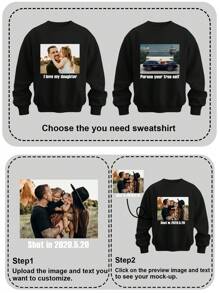 Sudadera cuello redondo personalizada con foto, personaliza tu texto y foto/selfie/grupo/pareja/familia/amigos/paisaje/mascota, sudadera de cuello redondo de forro polar casual de otoño/invierno para hombres, uniforme de vuelta al colegio, personalización de ropa deportiva, regalo de vacaciones, chico del gimnasio, top de manga larga - Negro - Ver 4