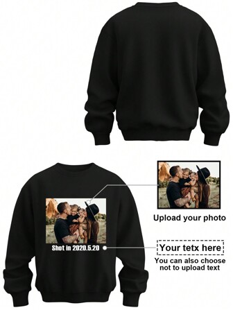 Gepersonaliseerde foto bedrukte ronde hals grappige sweatshirt, personaliseren met uw tekst en foto / selfie / groep / koppel / familie / vrienden / landschap / huisdier, zwarte sweatshirt, fleece hoodie voor heren, herfst- en winterkleding, verjaardagscadeau, jubileumcadeau, familie-outfit