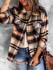 CILKOO Contrast Color Plaid Casual Long Sleeve Shacket - Orange - View 6