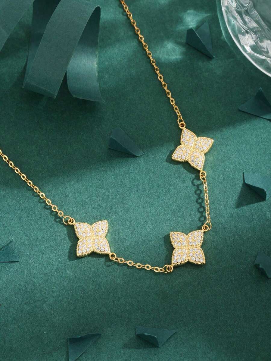 1 件高品质欧美风格 18k 镀金立方四叶草吊坠项链，奢华时尚的女士礼物 - 金黃色 - 查看 1