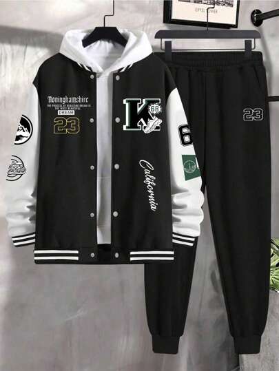 2件套青少年男童休闲运动拼接拉链外套和宽松抽绳运动裤套装，性价比高，春秋季