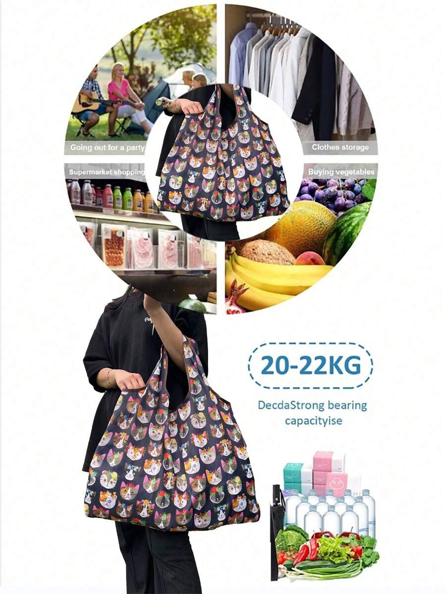 Large Capacity Cat Print Folding Tote Bag, Elegant Style Women's