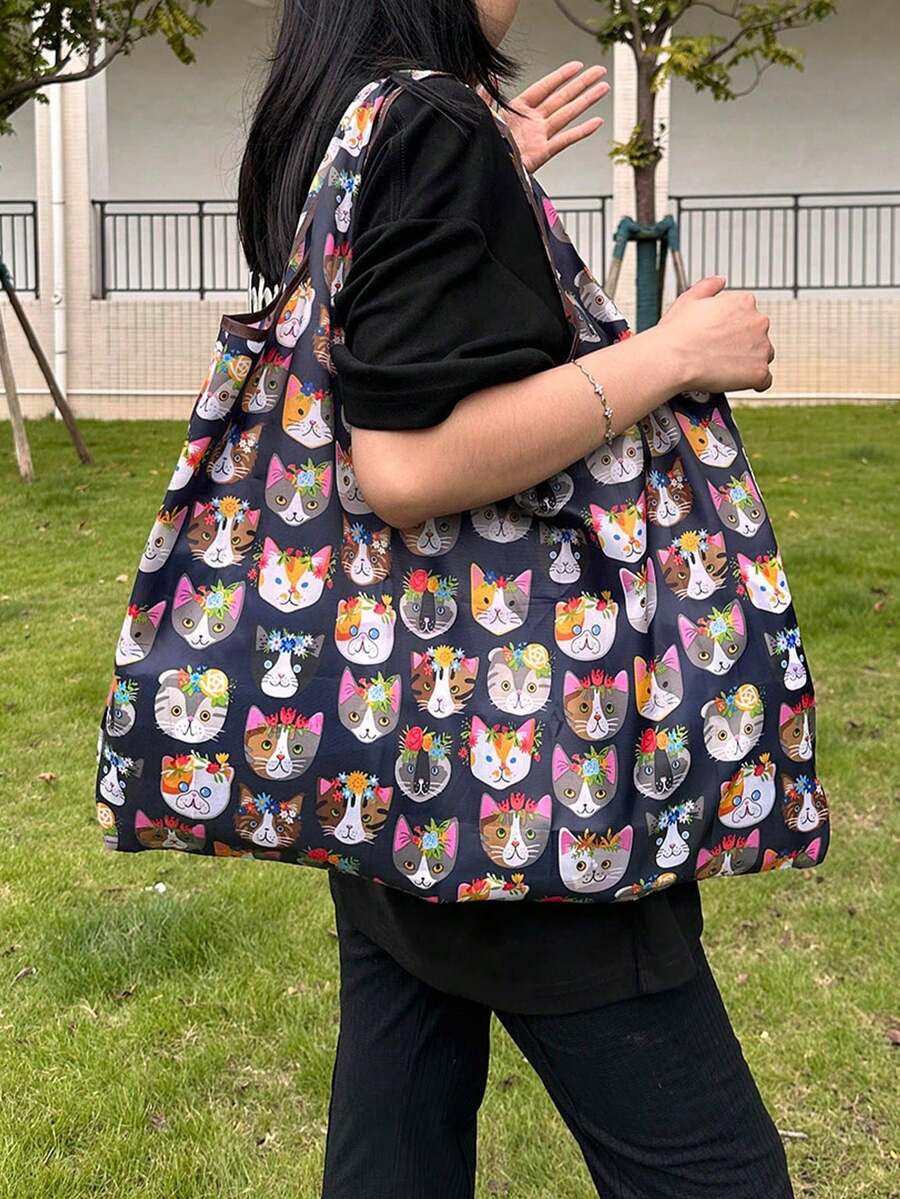 Large Capacity Cat Print Folding Tote Bag, Elegant Style Women's