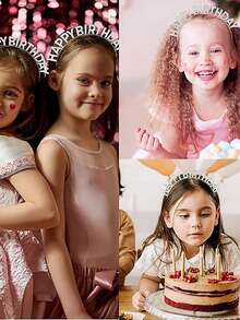 1 件锌合金皇冠头带，带有“生日快乐”文字和水钻，适合生日节日派对 - 銀色 - 查看 5