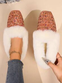 New Rhinestone Embellished Fashionable Thermal Lined Square Toe Flat Slip-On Comfortable Loafers